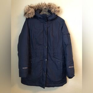Eddie Bauer Dark Blue Parka Down Jacket with Hoodie Weatheredge Women Large